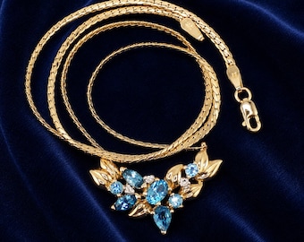 14K Yellow Gold Blue Topaz Necklace 16in Vintage Estate Multi Gem Diamond Accent Elegant Self Gift or Friend Jewelry