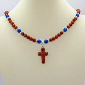 Goldstone Cross Pendant with Goldstone and Turquoise Howlite Adjustable Necklace  Open Your Ears and Come to Me Isaiah 55 3-9 Christian