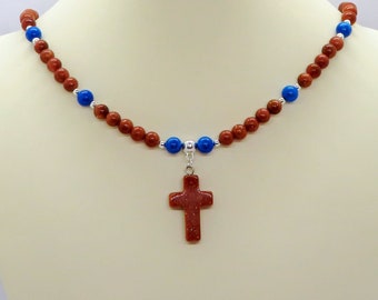 Goldstone Cross Pendant Necklace: Turquoise Howlite Accent, Adjustable Length