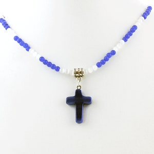 Blue Cats Eye Cross Pendant with Blue and White Cats Eye Necklace, Glass Cross Pendant Necklace image 2