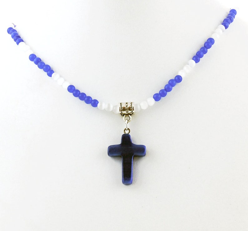 Blue Cats Eye Cross Pendant with Blue and White Cats Eye Necklace, Glass Cross Pendant Necklace image 2