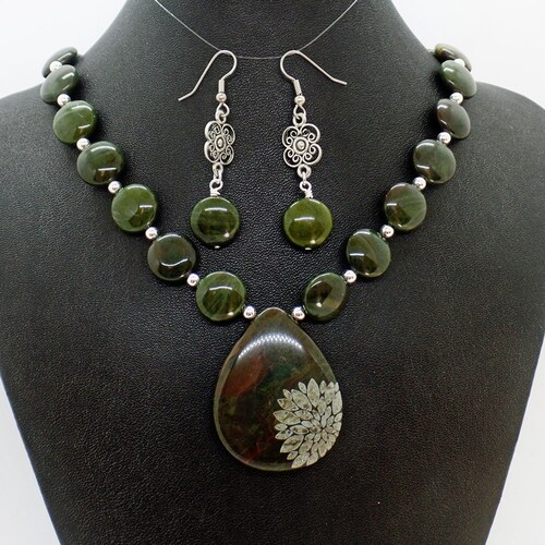 African Green Jasper Flower Necklace Earrings Set Natural Stone shops