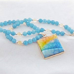 Blue Hawaii Tropical Sunset on the Sea Agate Blue Quartz Citrine Designer Pendant Necklace