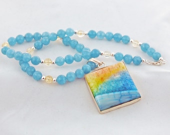 Blue Hawaii Tropical Sunset on the Sea Agate Blue Quartz Citrine Designer Pendant Necklace