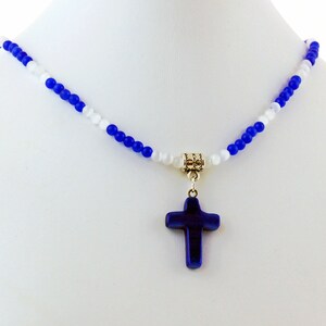 Blue Cats Eye Cross Pendant with Blue and White Cats Eye Necklace, Glass Cross Pendant Necklace image 6