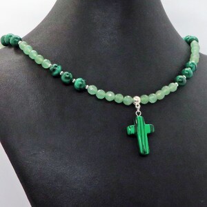 Malachite Cross Necklace with Green Aventurine Beads