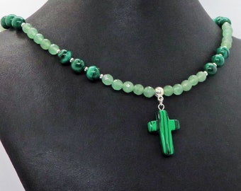 Manmade Malachite Cross with Faceted Green Aventurine and Manmade Malachite Adjustable Beaded Statement Necklace Christian