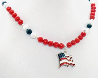 USA Flag Pendant with Red Coral White Howlite Blue Dumortierite Gemstone Necklace GOP