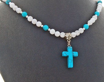 Turquoise Howlite Stone Cross Designer Necklace Desert Southwest Sedona Design