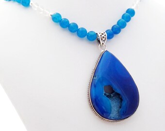 Caribbean Blue Druzy Rock Crystal Pendant Necklace, Gemstone