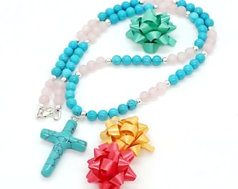 Turquoise Magnesite and Pink Rose Quartz Cross Necklace
