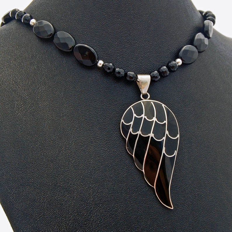 Black Angel Wing Onyx Sterling Silver Pendant Necklace image 7