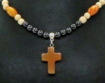Carnelian Cross with Magnetic Hematite Sugar Maple and South Korean Sustainable Boxwood Adjustable Necklace Christian Beaded