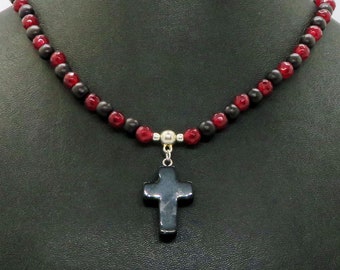 Black Onyx Cross with Cranberry Red Quartz and Coffee Black Wood Beads Christian Natural Stone