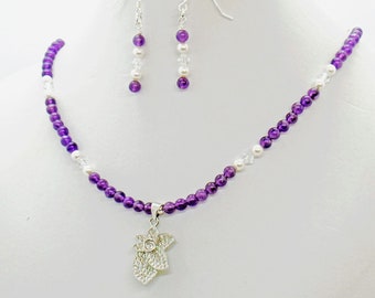 Amethyst Pearl Pave Crystal Flower Necklace Earrings Set Natural Stone Jewelry