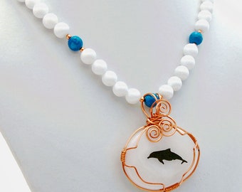 White Agate Dolphin Pendant with White Jade and Blue Howlite Gemstone Necklace