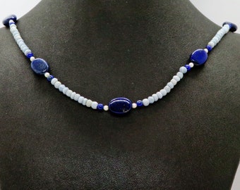 Lapis Lazuli Blue Lace Agate Freshwater Pearl and Sterling Silver Adjustable Gemstone Necklace