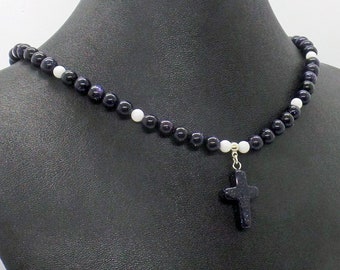 Blue Goldstone Cross Pendant Goldstone Mother of Pearl Necklace