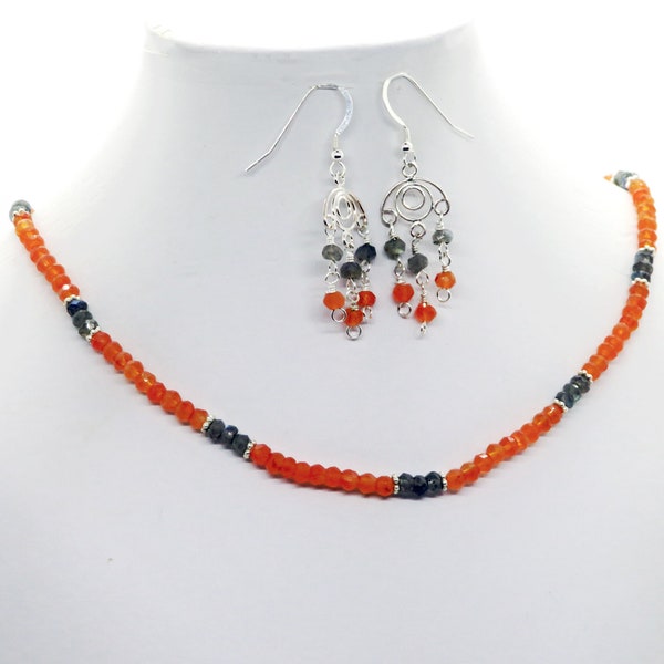 Carnelian Labradorite Sterling Silver Gemstone Necklace Earrings Set