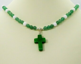 Green Agate Gemstone Cross with Aventurine and White Jade Adjustable Necklace