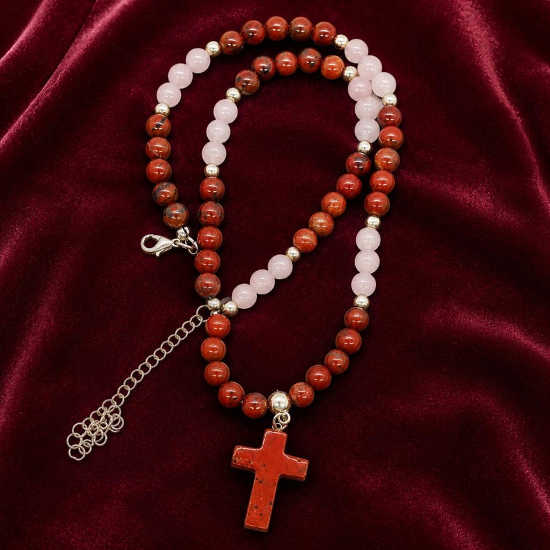Red Jasper Cross Necklace Rose Quartz Christian Faith Jewelry Handmade USA Natural Stone Cross Pendant Gift for Women image 9