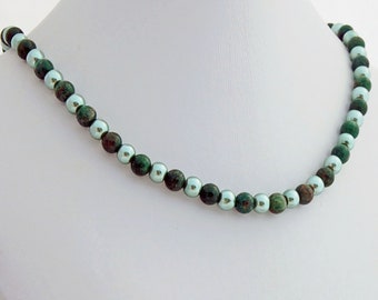 Verdite (African Jade) Gemstone and Green Crystal Pearl Necklace Beaded Statement