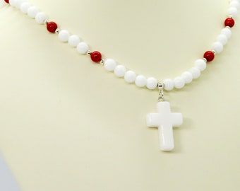 White Jade Christian Cross with White Jade and Red Coral Gemstone Beaded Adjustable Necklace