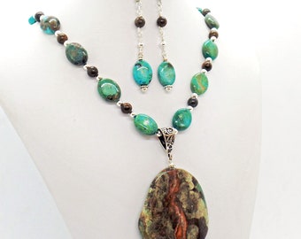 Turquoise Brown Imperial Jasper Bronzite Pendant Necklace Earrings Set Natural Stone