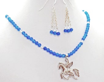 Crystal Pave Pegasus Blue Quartz Necklace Earrings Set