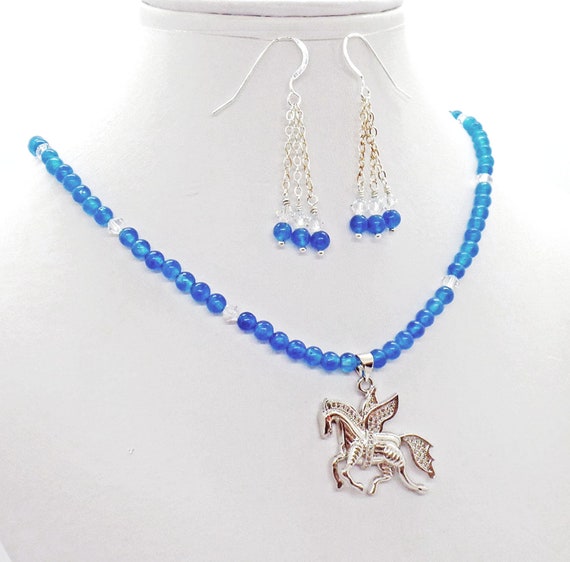 Crystal Pave Pegasus Blue Quartz Necklace Earrings Set