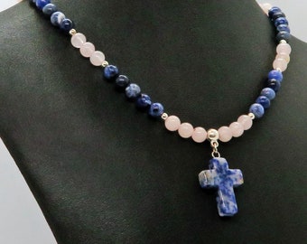 Blue Sodalite Cross Pendant with Soft Pink Quartz and Sodalite Adjustable Gemstone Necklace Christian