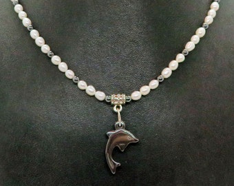 Hematite Dolphin Pendant with Freshwater Pearl and Hematite Adjustable Necklace