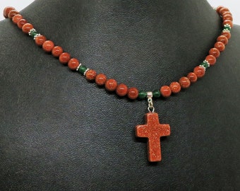 Goldstone Green Quartz Cross Necklace Charm
