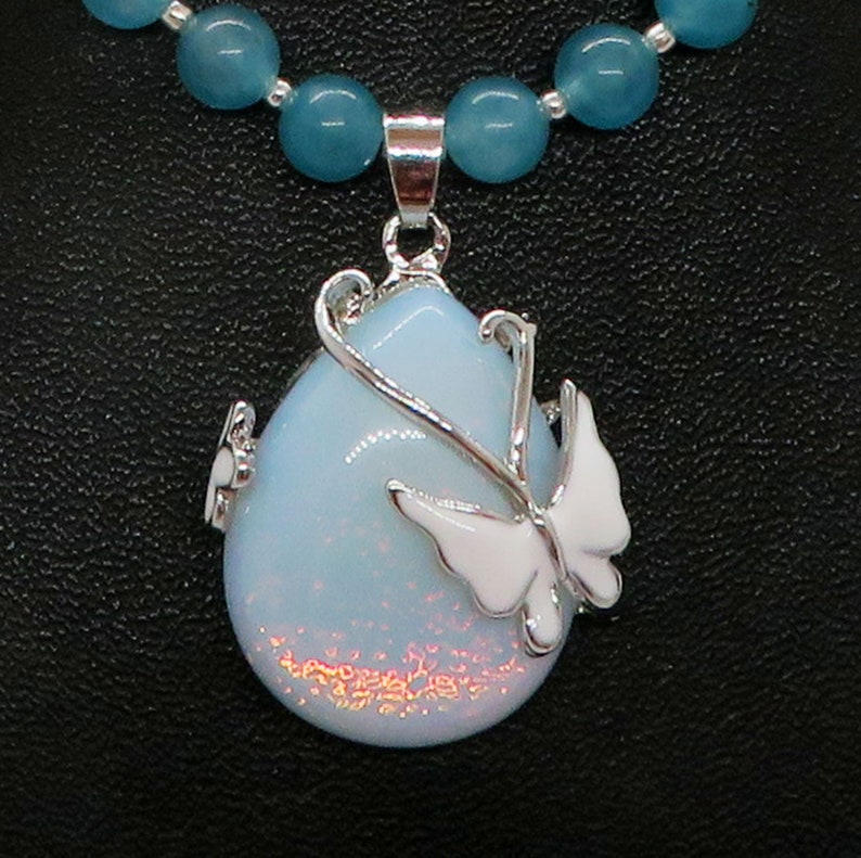 Opalite Butterfly Rainbow Pendant Blue Quartz Necklace Earrings Set image 7