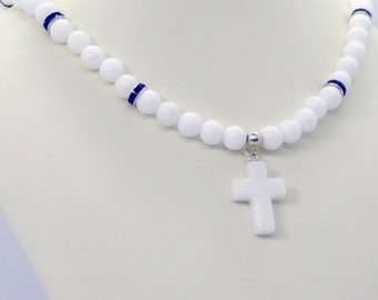 White Jade Cross with White Jade and Blue Crystal Necklace Adjustable Bold Christian Statement