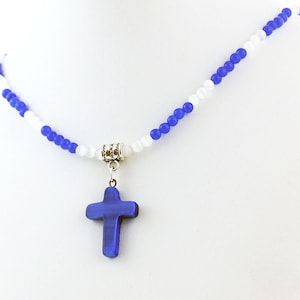Blue Cats Eye Cross Pendant with Blue and White Cats Eye Necklace, Glass Cross Pendant Necklace image 1