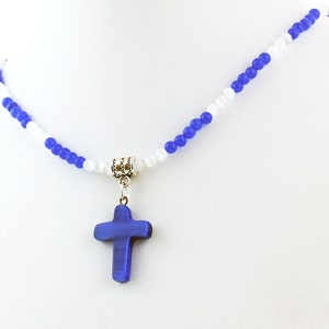 Blue Cats Eye Glass Cross Pendant Necklace: Cobalt Beaded Chain