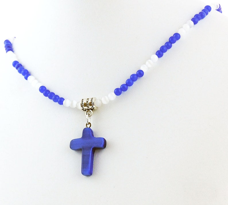 Blue Cats Eye Cross Pendant with Blue and White Cats Eye Necklace, Glass Cross Pendant Necklace image 1