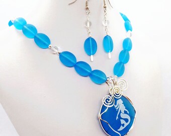 Mermaid Sea Beach Glass Mystic Opalite Necklace Earring Set