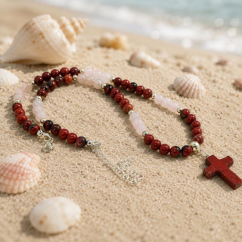 Red Jasper Cross Necklace Rose Quartz Christian Faith Jewelry Handmade USA Natural Stone Cross Pendant Gift for Women image 11