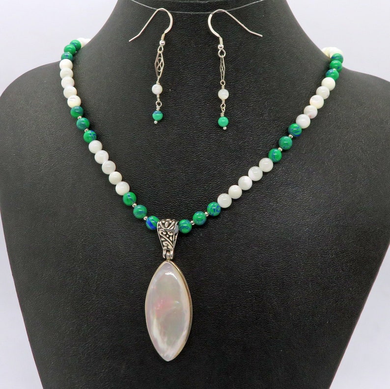 Mother of Pearl and Sterling Silver Pendant Azurite Malachite Sterling Silver Gemstone Necklace Earrings Set