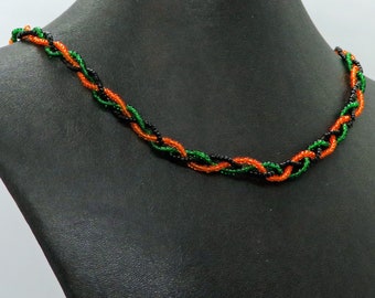 Orange, Green, Black Glass Seed Bead Braided Necklace