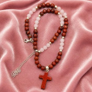 Red Jasper Cross Necklace Rose Quartz Christian Faith Jewelry Handmade USA Natural Stone Cross Pendant Gift for Women image 5