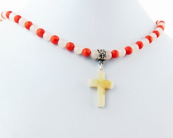 Quartz Cross with Apricot Coral Pendant Necklace Natural Stone