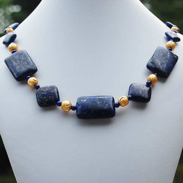 Lapis Lazuli  & Gold Necklace - Statement - Strand - Blue Gold - Gemstone - September Birthstone - Handmade - Cobalt - Royal