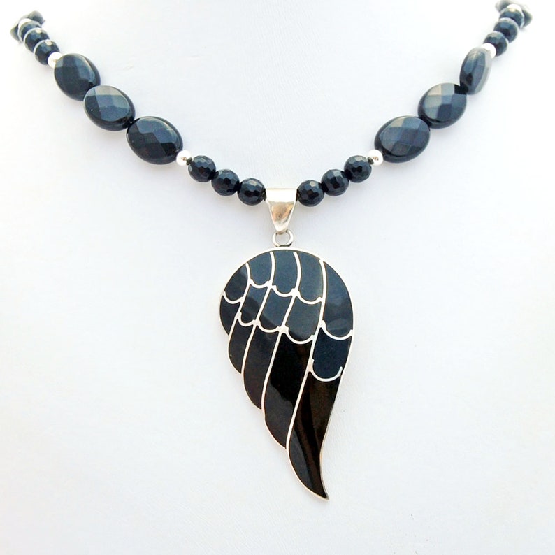 Black Angel Wing Onyx Sterling Silver Pendant Necklace image 4