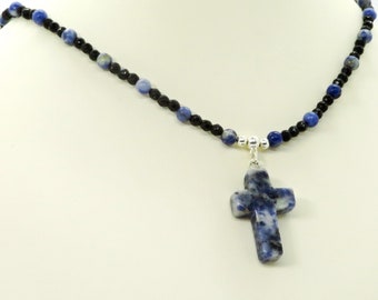 Blue Sodalite Cross with Black Spinel and Sodalite Adjustable Beaded Necklace Christian Jewelry