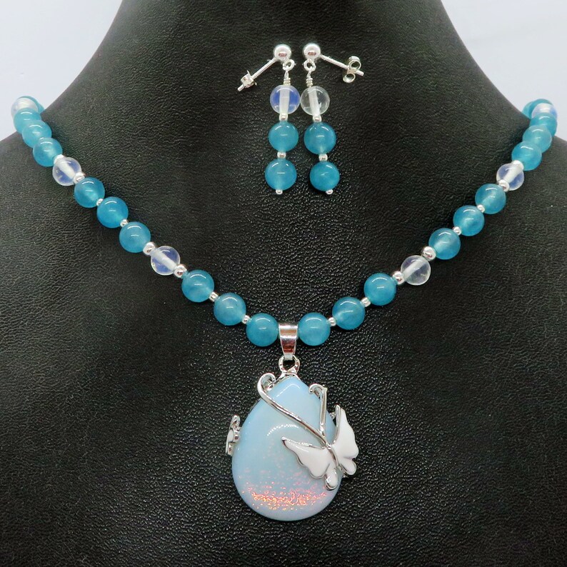 Opalite Butterfly Rainbow Pendant Blue Quartz Necklace Earrings Set image 4