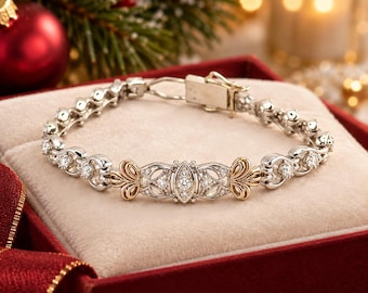 Estate Diamond Bracelet 14K White & Yellow Gold Vintage Two Tone Diamond Tennis Bracelet 6 Inch Anniversary Gift for Wife