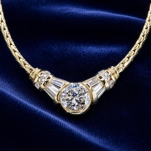 Natural Diamond Necklace 14K Yellow Gold 1.13 CT Brilliant Diamond Baguette Diamond Estate Necklace Anniversary Gift Wife